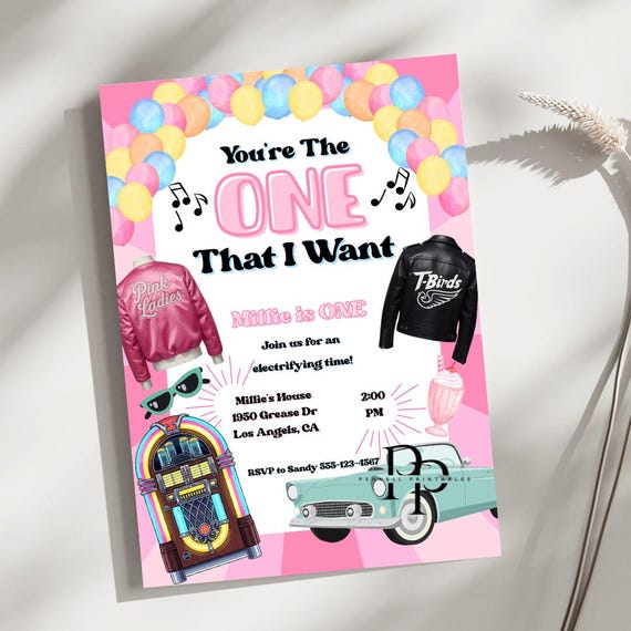 One That I Want First Birthday Invite, Grease First Bday Invite Girl, Pink Ladies Theme, Retro 50s Birthday Invite, Editable Canva Template