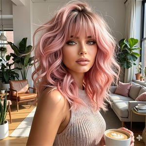 May include: A woman with long, wavy, pink hair and bangs. She is wearing a light-colored tank top and holding a white coffee cup with a latte design. The background includes indoor plants, a leather chair, and a sofa.