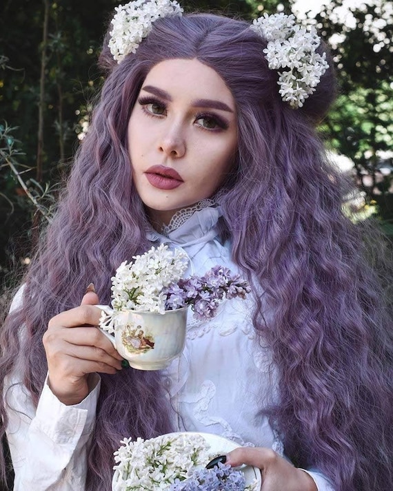 Lilac Light Purple Curly Wavy Lace Front Wig Wig Human Hair  display picture 2