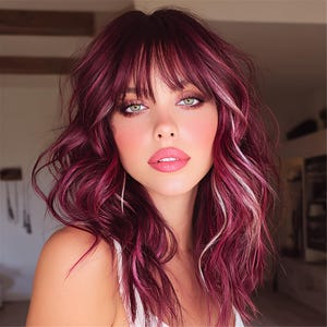May include: A woman with long, wavy, burgundy hair with bangs and streaks of white. She has green eyes, pink blush, and pink lipstick. She is wearing a white top.
