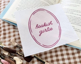 Pink Bookish Girl Needlepoint Canvas | Preppy Book Lover Stitching Design