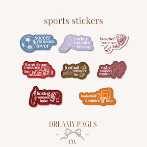 May include: A selection of sports-themed stickers, each with a different design and text. Sports featured include soccer, hockey, baseball, Formula One, football, rugby, boxing, and basketball. Each sticker has a unique colour and text combination, such as "hockey romance lover."