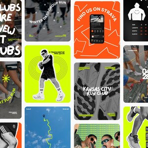 May include: A collection of promotional images for a running club, with text including "Run Clubs Are The New Night Clubs." The graphics show runners, event information, and a phone displaying the Strava app. There is also a t-shirt size chart.