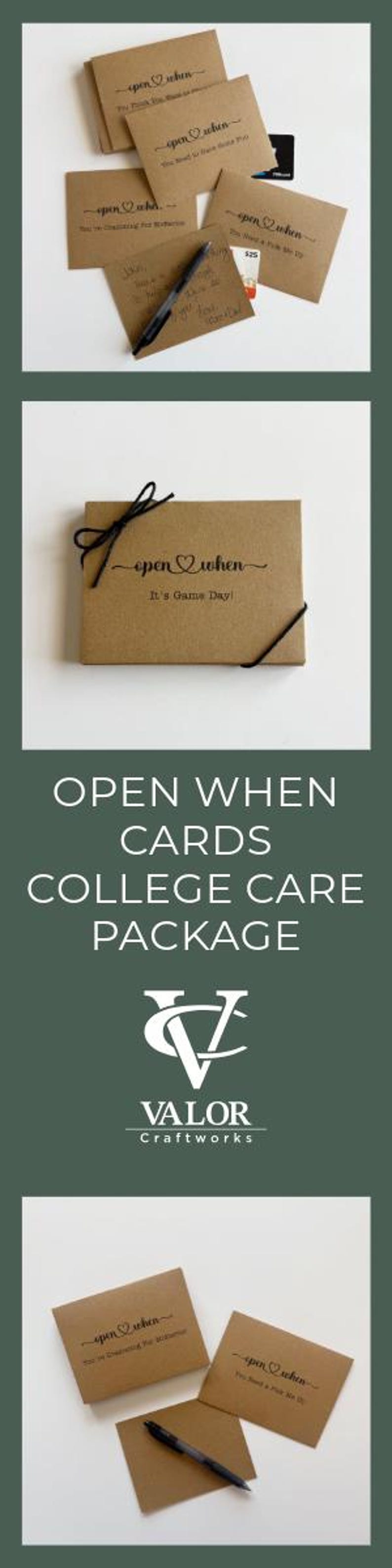 May include: Kraft paper "Open When" cards with black script and a heart design. The cards are part of a college care package. The image also shows a black pen and a gift card.