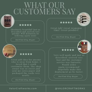 May include: A graphic showcasing customer reviews with a dark green background. The text "WHAT OUR CUSTOMERS SAY" is at the top. Reviews include product images, star ratings, and positive comments from verified Etsy buyers. The ValorCraftworks.com and @VALORCRAFTWORKS are also displayed.