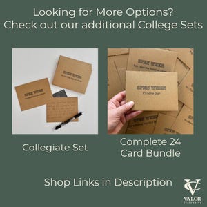 May include: Two sets of college-themed cards. One set includes cards with handwritten notes and a pen. The other set is a complete 24-card bundle. The cards are brown with black text that reads "Open When".