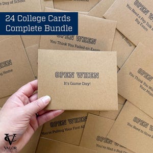 May include: A complete bundle of 24 college cards. The cards are in a kraft paper color and feature the text "OPEN WHEN" with various prompts, such as "It's Game Day!" and "You Think You Failed an Exam."