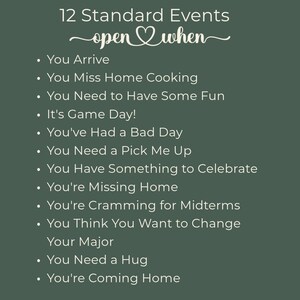 May include: A dark green background with white text listing 12 standard events. The text reads "12 Standard Events open when" followed by a list of events such as "You Arrive" and "You Need a Hug."