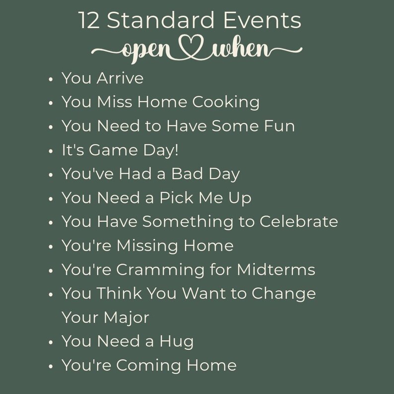 May include: A dark green background with white text listing 12 standard events. The text reads "12 Standard Events open when" followed by a list of events such as "You Arrive" and "You Need a Hug."