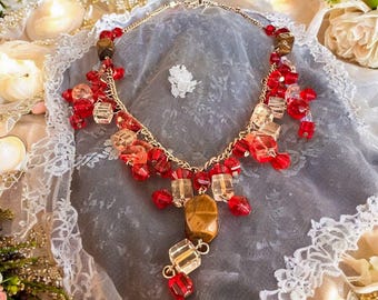 Handgesneden Italiaanse glasketting met rode en bruine kralen - Elegante vintage sieraden