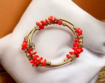 Bracciale avvolgente in acciaio inossidabile con scaglie di corallo vintage: gioielli boho chic
