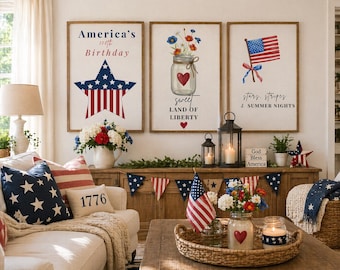 Patriotyczny wydruk z gwiazdą urodzinową Ameryki | Sztuka ścienna na 4 lipca | gwiazdy i paski | neutralne tło | natychmiastowe pobranie cyfrowe