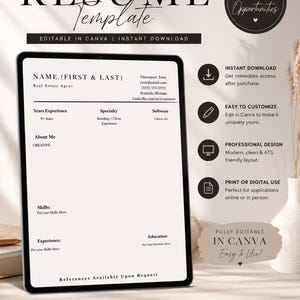 May include: A digital resume template displayed on a tablet. The resume is editable in Canva and features sections for name, experience, skills, and education. The design is modern and clean, with the text "RESUME Template" at the top.