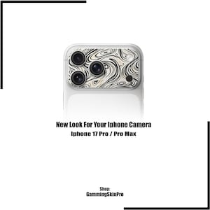 Puede incluir: Protector de lente de cámara transparente para iPhone 17 Pro / Pro Max con un patrón de remolino en blanco y negro. Se muestra el texto "New Look For Your iPhone Camera", junto con el nombre de la tienda "GammingSkinPro".