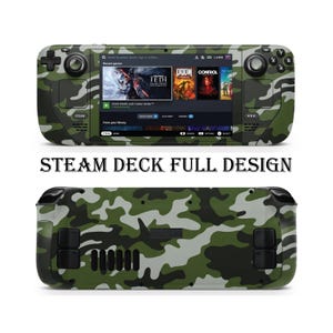 Może przedstawiać: Skórka w kamuflażu zielonym, czarnym i białym do przenośnego urządzenia do gier Steam Deck. Skórka pokrywa całe urządzenie, w tym przód, tył i boki. Skórka ma fakturowane wykończenie i została zaprojektowana w celu ochrony urządzenia przed zarysowaniami i zużyciem.