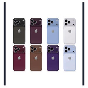 Peut inclure: Huit smartphones disposés en deux rangées de quatre, chacun doté d'un module photo à trois objectifs dans le coin supérieur gauche, d'un logo Apple central et d'un panneau arrière lisse. Les appareils sont présentés en noir, violet foncé, bleu clair, blanc, bordeaux, marron, violet foncé et lavande clair.