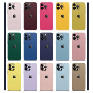 Peut inclure: Une collection de 12 coques pour iPhone dans différentes couleurs, dont le rose, le jaune, le bleu, le vert et le marron. Les coques sont toutes en matière lisse et mate et ont un design simple.