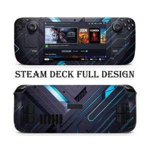 Pode incluir: Um Steam Deck com um design completo, apresentando um padrão geométrico azul escuro e preto com detalhes em azul claro. A tela exibe títulos de jogos como "Star Wars Jedi: Fallen Order", "Doom" e "Control". O texto "Steam Deck Full Design" é exibido abaixo.