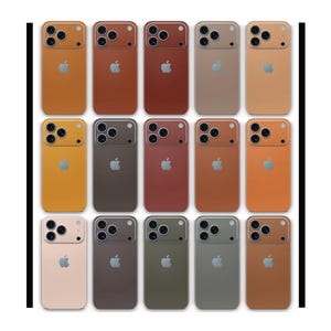 Könnte beinhalten: Eine Sammlung von fünfzehn Handyhüllen in verschiedenen Farben, darunter Orange-, Braun- und Grautöne. Jede Hülle hat einen Kameraausschnitt und das Apple-Logo. Die Hüllen sind in einem Raster angeordnet.
