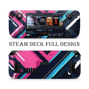 Pode incluir: Um Steam Deck com um design completo com um padrão geométrico em rosa, azul e branco. A frente exibe uma tela com títulos de jogos. O texto "STEAM DECK FULL DESIGN" está abaixo do dispositivo.