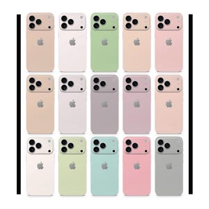 May include: Fifteen pastel-coloured phone cases in shades of beige, white, green, peach, pink, and grey. Each case has a camera module and the Apple logo, demonstrating a sleek design. The cases are for a mobile phone.