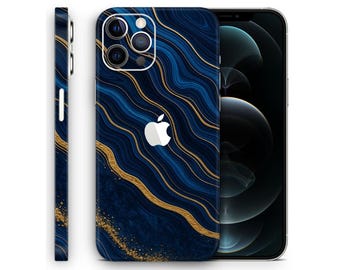 May include: A navy blue iPhone case with a gold wave pattern and the Apple logo. The case is shown from multiple angles, including the side and back, highlighting the design and camera features.