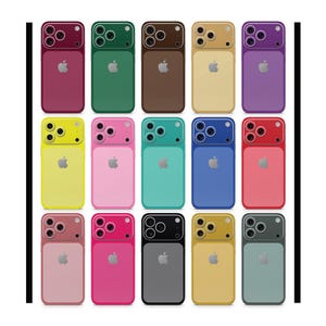 Puede incluir: Una colección de fundas de teléfono coloridas en varios tonos, incluyendo rojo, verde, marrón, dorado, morado, amarillo, rosa, turquesa, azul y gris. Cada funda presenta un módulo de cámara y el logotipo de Apple, ofreciendo opciones de personalización.