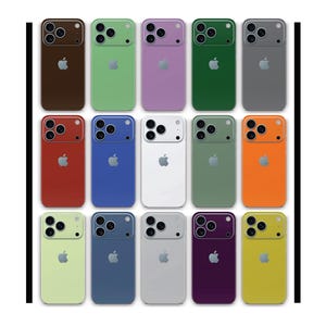 Könnte beinhalten: Eine Sammlung farbenfroher Handyhüllen in verschiedenen Farbtönen, darunter Braun, Grün, Lila und Grau. Jede Hülle verfügt über ein Kameramodul und das Apple-Logo, das ein schlankes Design zeigt. Die Hüllen sind in einem Raster angeordnet.