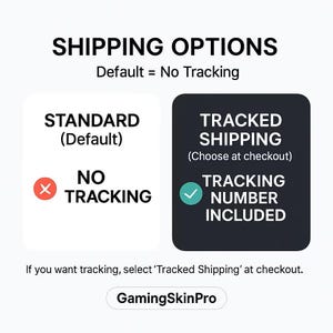 May include: Image detailing shipping options. The default option is 'Standard' with 'No Tracking'. The alternative is 'Tracked Shipping' with a tracking number. The text 'GamingSkinPro' is at the bottom.