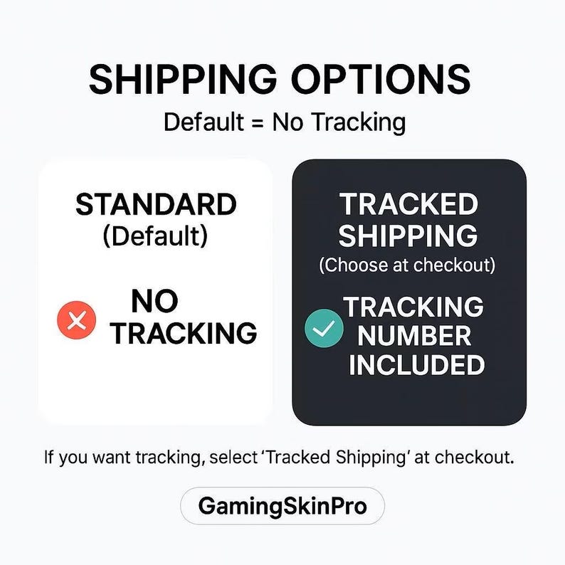 May include: Image detailing shipping options. The default option is 'Standard' with 'No Tracking'. The alternative is 'Tracked Shipping' with a tracking number. The text 'GamingSkinPro' is at the bottom.