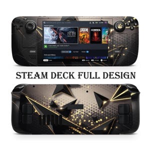 May include: A black and gold Steam Deck console with a geometric design. The console has a screen displaying the Steam interface with recent games, including Star Wars Jedi: Fallen Order, Doom, and Control.