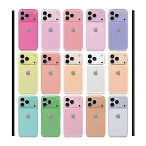 Peut inclure: Une collection de quinze coques de téléphone colorées dans diverses teintes pastel, dont le rose, le jaune, le vert et le bleu. Chaque coque présente un module caméra et un logo pomme argenté. Les coques sont disposées en grille.