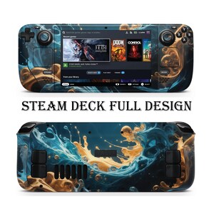 Pode incluir: Uma pele de design abstrato azul e dourado para um console de jogos portátil Steam Deck. O design apresenta um padrão de pintura azul e dourado em espiral.
