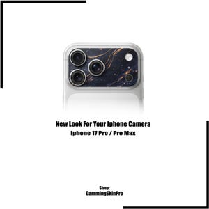 May include: A close-up of an iPhone 17 Pro / Pro Max camera lens protector. The protector has a black and gold marble design. The text "New Look For Your iPhone Camera" is displayed.