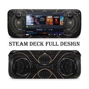 Może przedstawiać: Czarno-złote Steam Deck z geometrycznym wzorem. Ekran wyświetla interfejs Steam z niedawno wydanymi grami, w tym Star Wars Jedi: Fallen Order, Doom i Control.