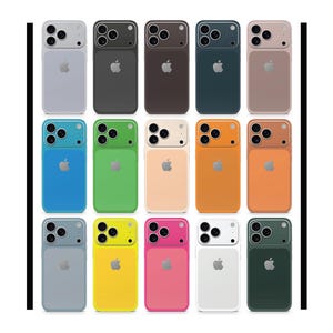 May include: A collection of colorful smartphone cases in various shades, including blue, green, orange, and pink. Each case features a camera module and the Apple logo, showcasing a sleek and modern design.