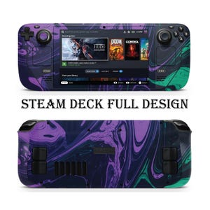 Könnte beinhalten: Ein Steam Deck mit einem vollständigen Design mit einem wirbelnden Muster aus Lila, Türkis und Marineblau. Der Bildschirm zeigt Spiele wie "STAR WARS Jedi: Fallen Order", "DOOM" und "CONTROL". Der Text "STEAM DECK FULL DESIGN" ist unten abgedruckt.