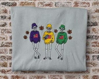 Halloween Skeleton Trio with Sweaters and US Flag Embroidered Shirt