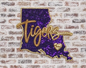 Purple Louisiana State w/Gold Tigers Sequin Iron-On Patch