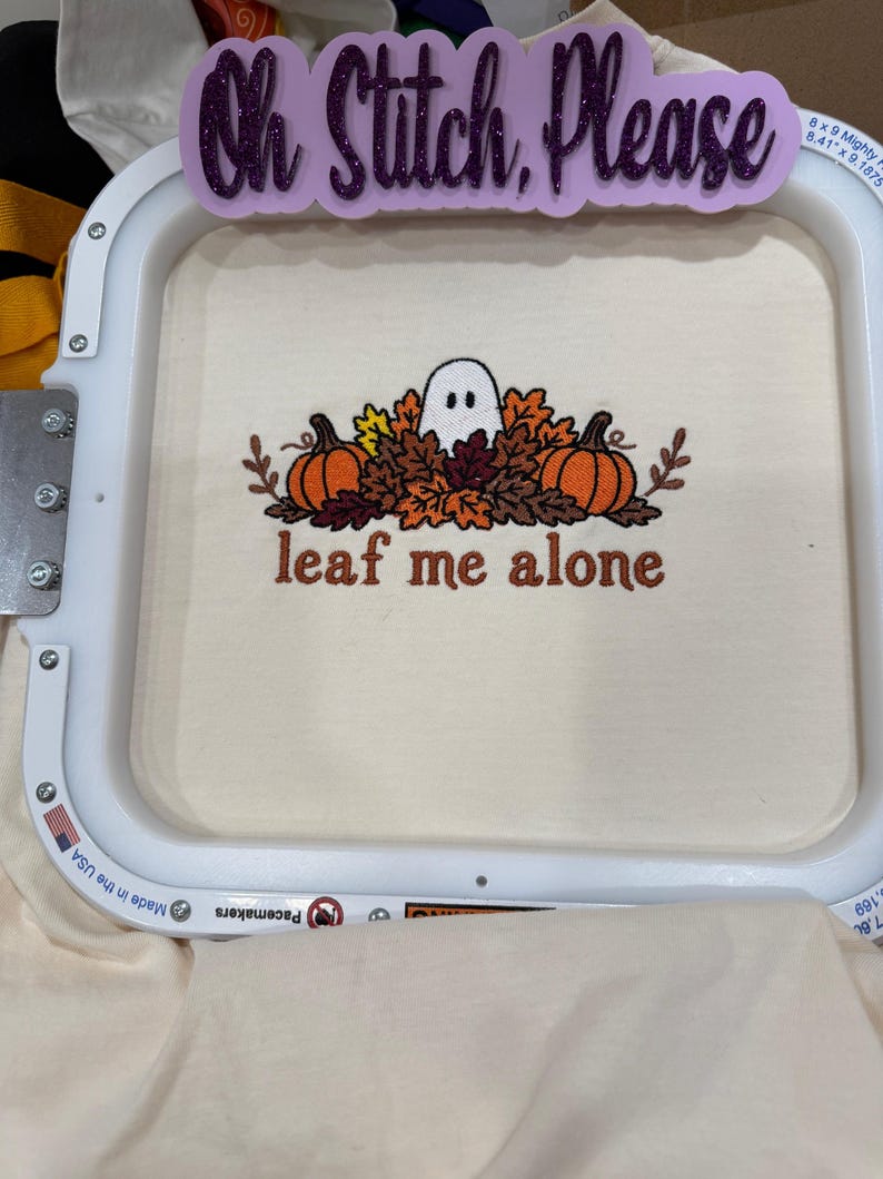 Leaf Me Alone with Leaves and Ghost Halloween-Theme Embroidered Shirt