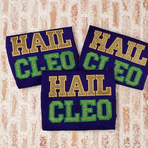 May include: Three purple t-shirts featuring the text HAIL CLEO in block letters. The word HAIL is rendered in gold glitter, while the word CLEO is in green glitter. The letters are arranged in two rows on the front of each dark purple garment.