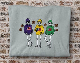 Halloween Skeleton Trio with Sweaters and US Flag Embroidered
