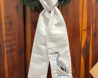 Blue Heron Embroidered Wreath Sash