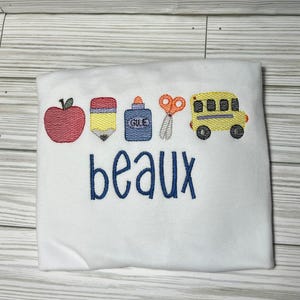 School Icons Apple, Pencil, Bus, Glue, Scissors Embroidered Shirt