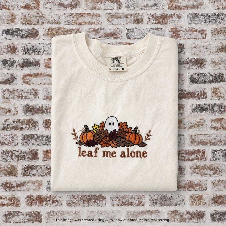 Leaf Me Alone with Leaves and Ghost Halloween-Theme Embroidered Shirt