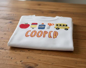 School Icons Apple, Pencil, Bus, Glue, Scissors Embroidered Shirt