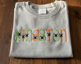 Halloween Custom Name with Spiders and Webs Embroidered T-Shirt
