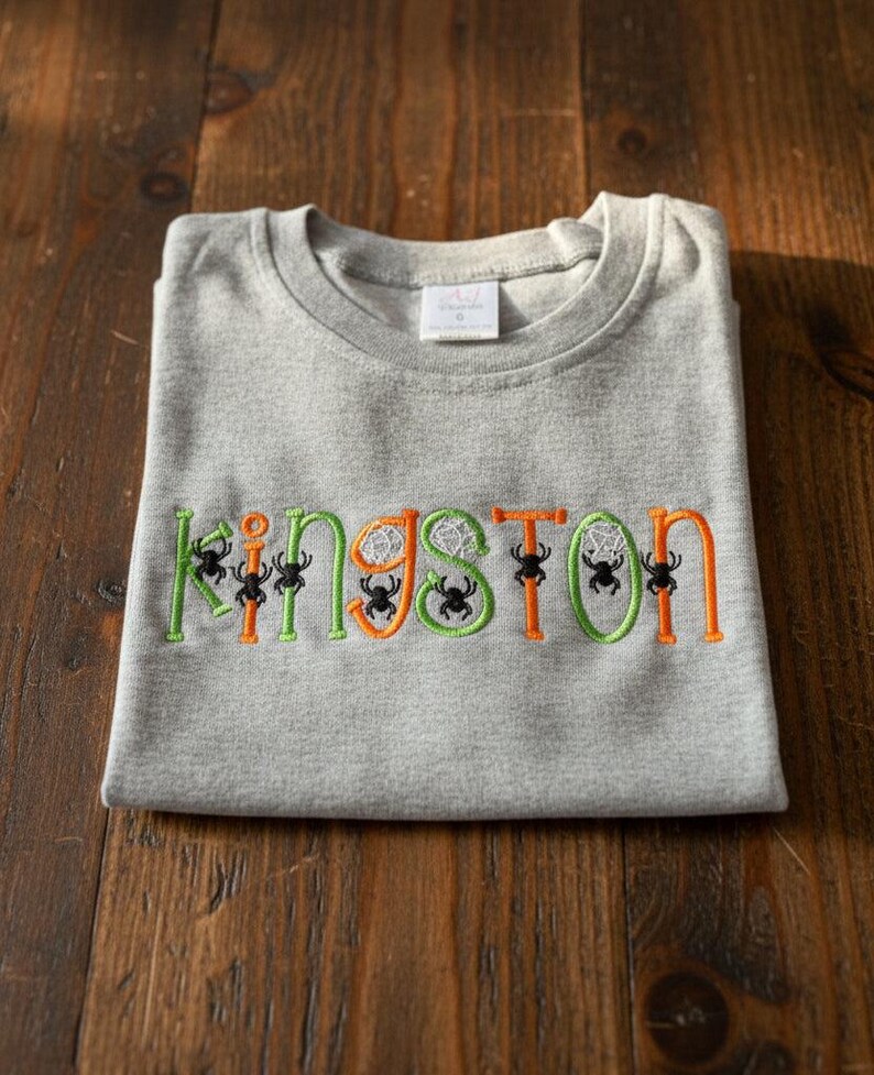 Halloween Custom Name with Spiders and Webs Embroidered T-Shirt