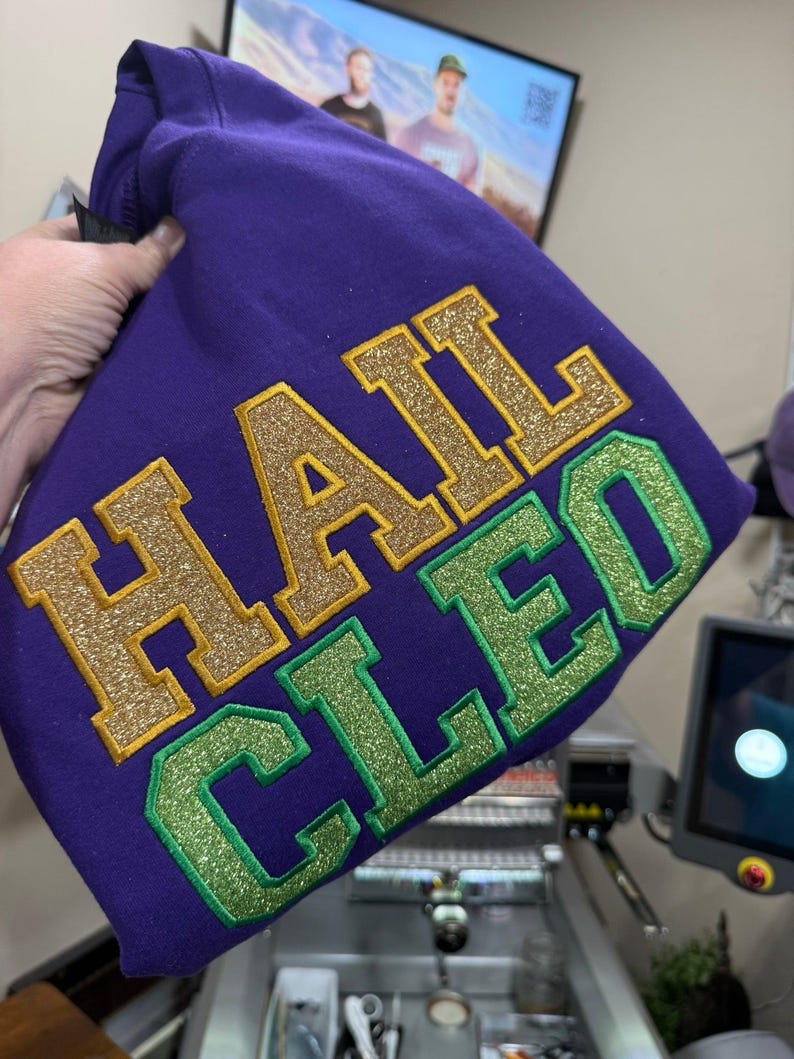 Mardi Gras Hail Cleo Embroidered Shirt or Sweatshirt w/Glitter Applique