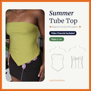 Summer Tie-Back Tube Top Sewing Pattern  Strapless Bandeau PDF Pattern Easy Beginner Sewing Project Instant Download